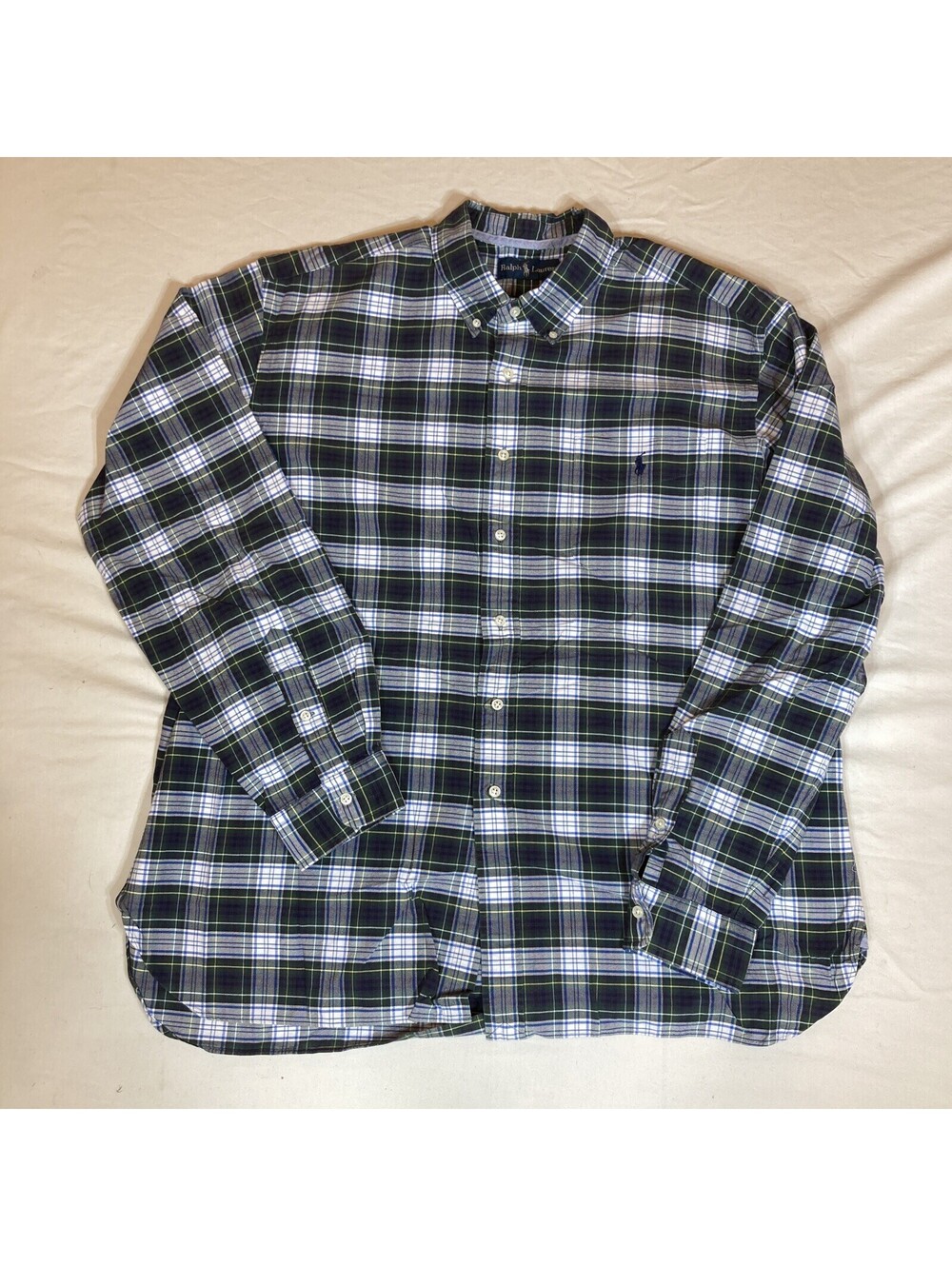 Ralph Lauren XXL Navy Green Yellow Long Sleeve Plaid Button Down Shirt MINT